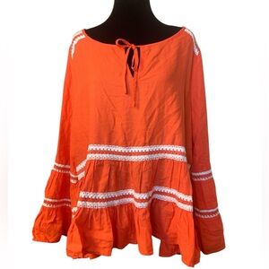 Crown & Ivy Sz 1X Orange White Embroidered Trim Bell Long Sleeve Blouse